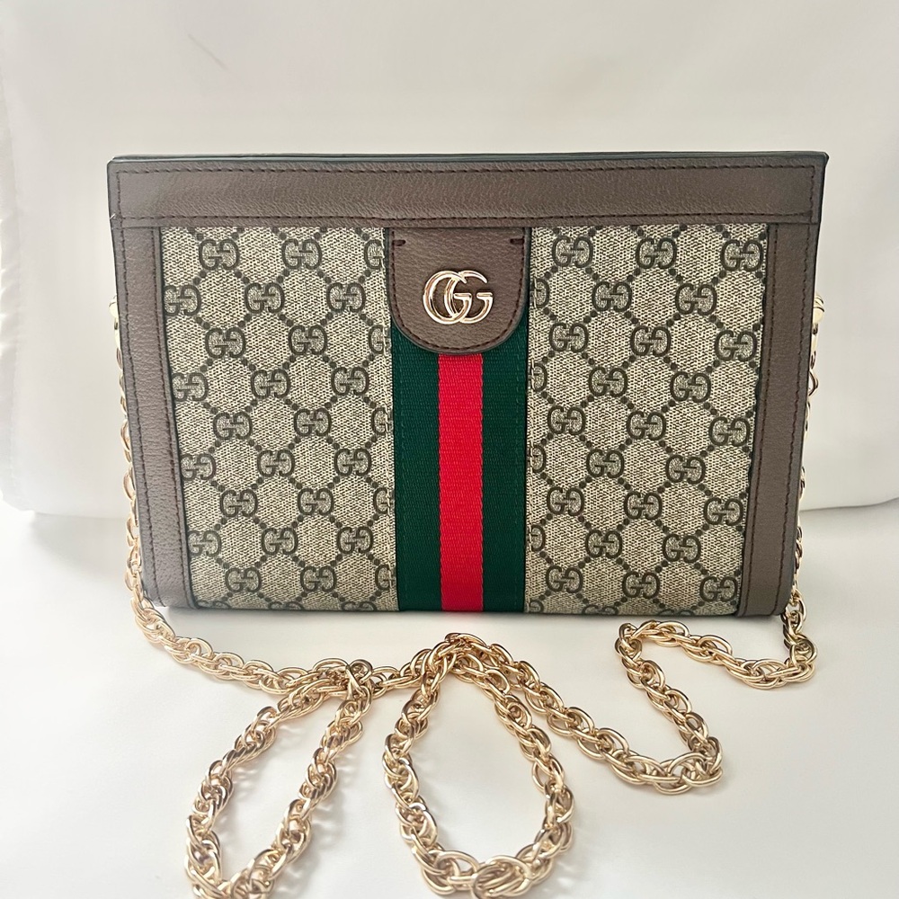 Authentic Gucci Ophidia Cream and Brown Crossbody Bag with GG Supreme Canvas